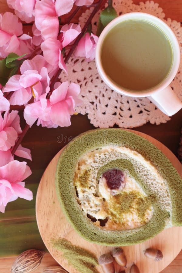 Green Tea Cake Roll and Matcha Green Tea. Stock Photo Image of organic, lifestyle 74872338