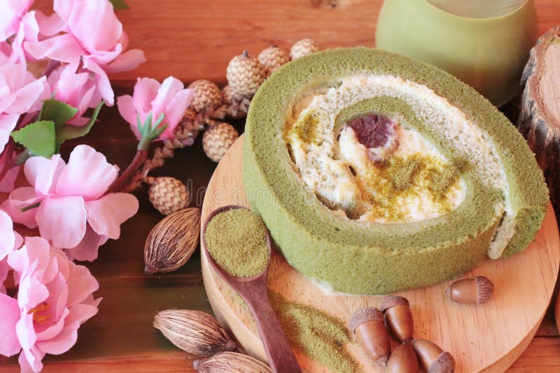 Green Tea Cake Roll and Matcha Green Tea. Stock Photo Image of cream