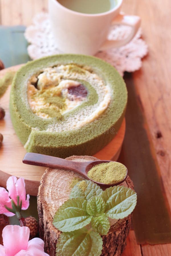 Green Tea Cake Roll and Matcha Green Tea. Stock Photo Image of dessert, milk 74872394