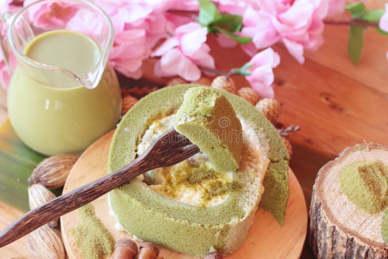 Green Tea Cake Roll and Matcha Green Tea. Stock Image Image of drink