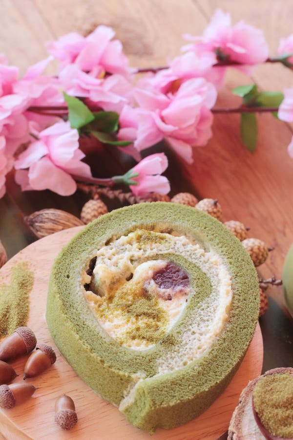 Green Tea Cake Roll and Matcha Green Tea. Stock Photo Image of