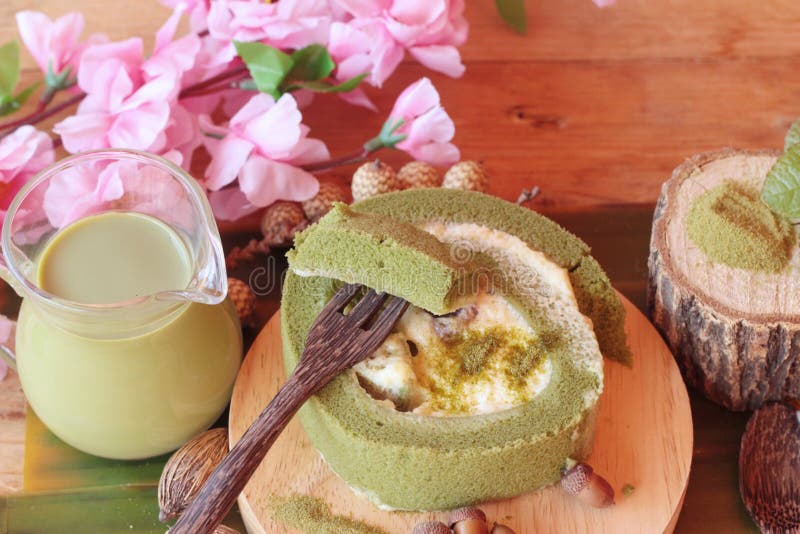 Green Tea Cake Roll and Matcha Green Tea. Stock Image Image of baked, culture 74872603