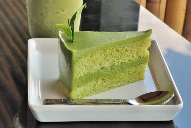 Green Tea Cake with Tea Leaf Decorated Stock Image Image of