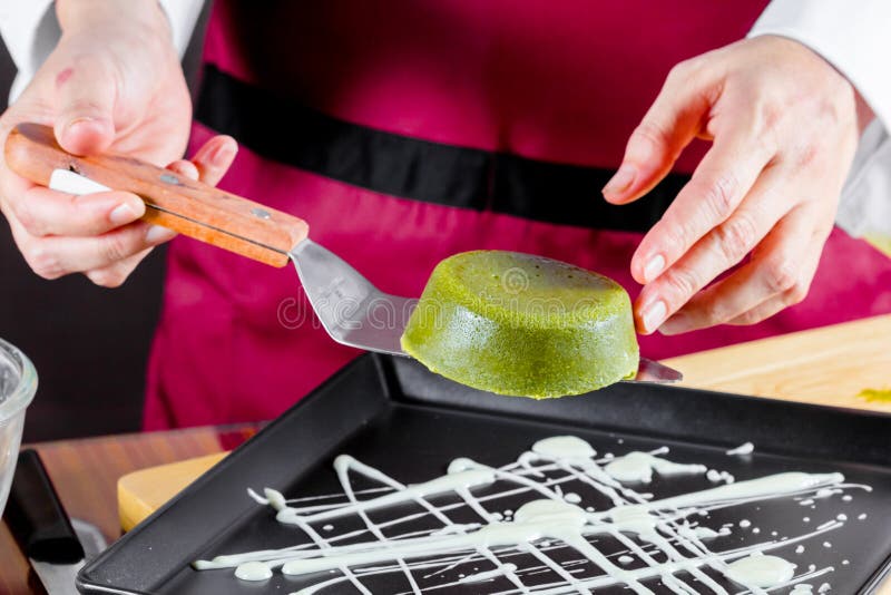 Green tea cakes stock image. Image of lava, cake, bowl 59910987