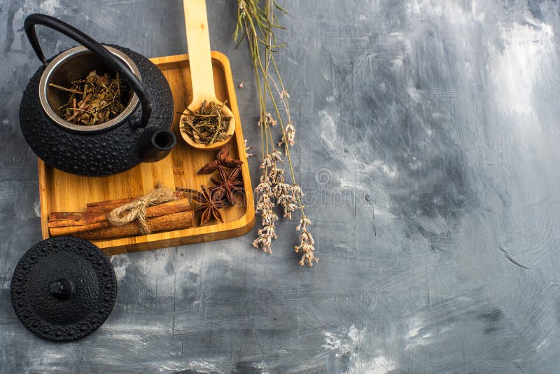 Green Tea in a Cast Iron Teapot and Cinnamon Stock Photo Image of