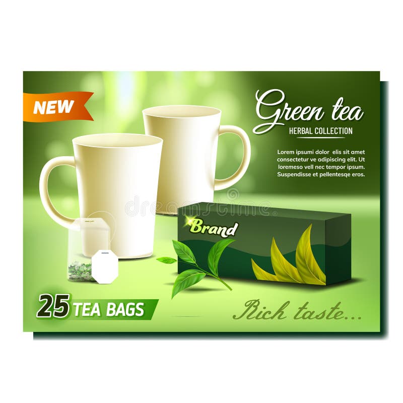 Green Tea Promo Banner, White Porcelain Pot, Pack Stock Vector ...