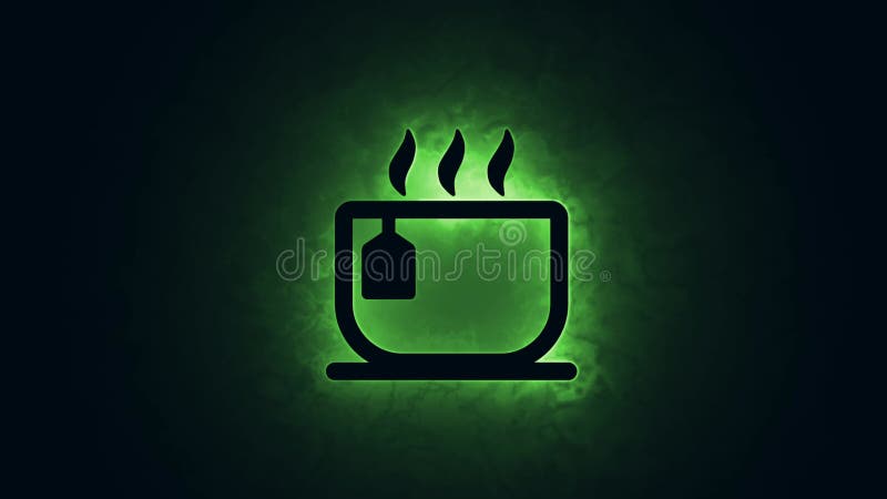 Green tea emoji in hazy green neon on dark blue stock illustration