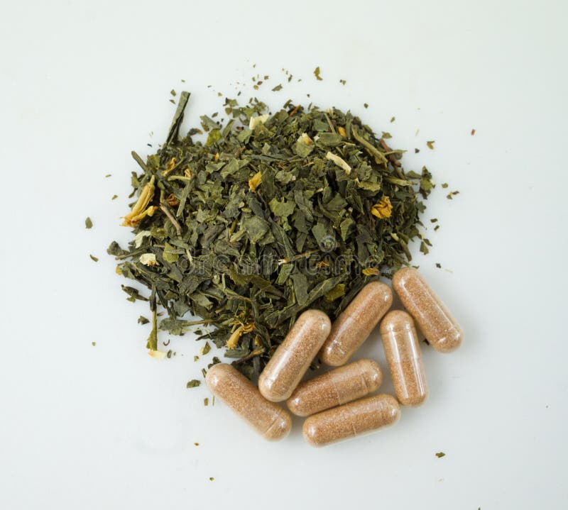 Green Tea Herbs and Extract Capsules Stock Photo Image of pill