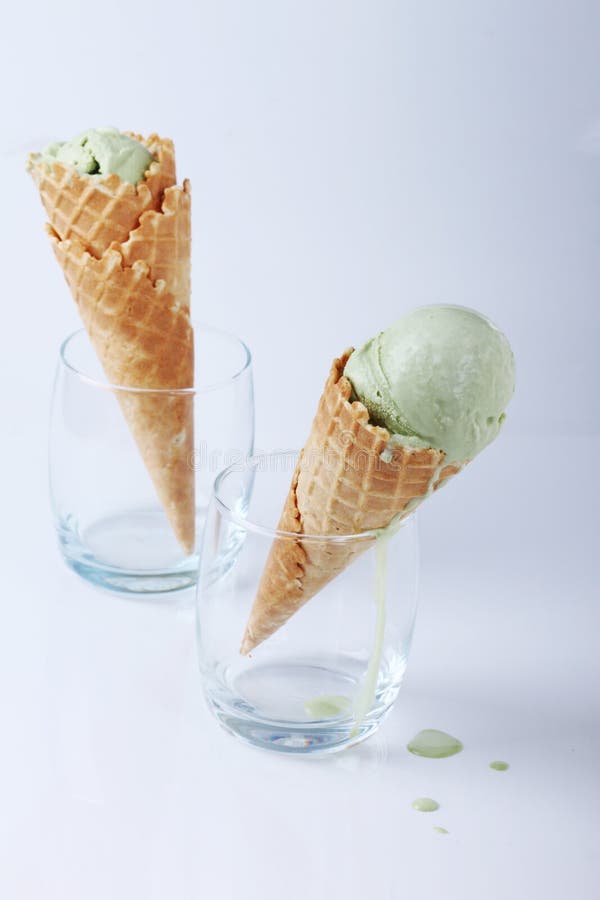 Green Tea Ice Cream Cones Dropped Stock Photo Image of background