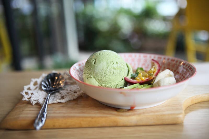 Green tea ice cream with fruit