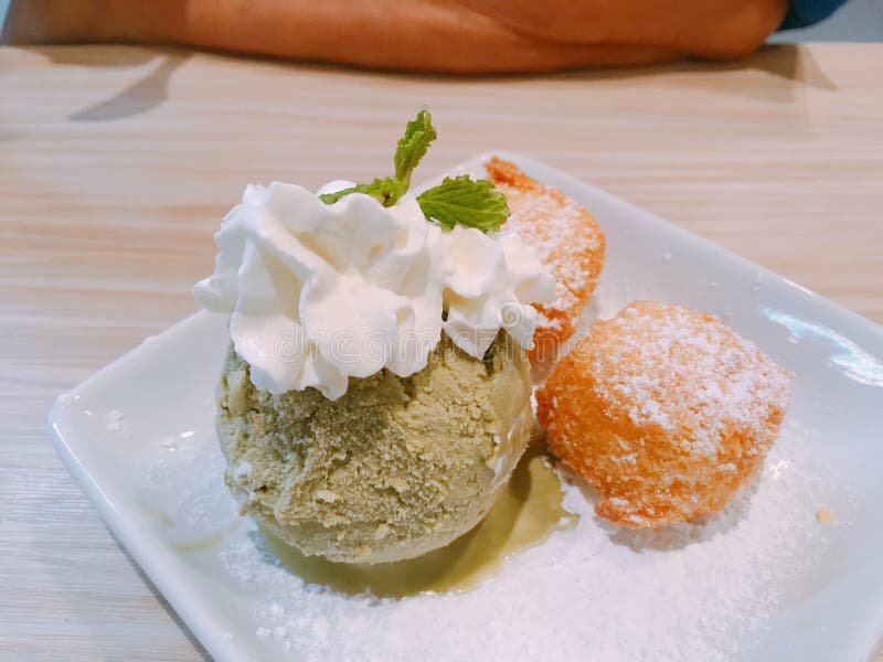 Green Tea Ice Cream Whip Cream and Crispy Bread Stock Image Image of