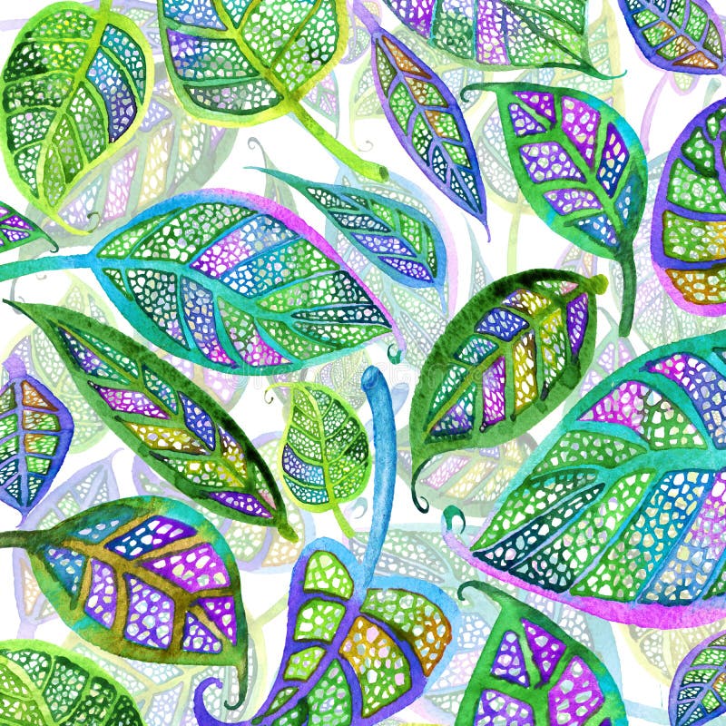 Green Tea Leaves Watercolor Background Stock Illustration