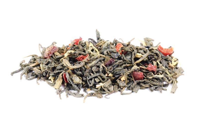 Green tea with lemon peels flower petals and lime flavour isolated on white