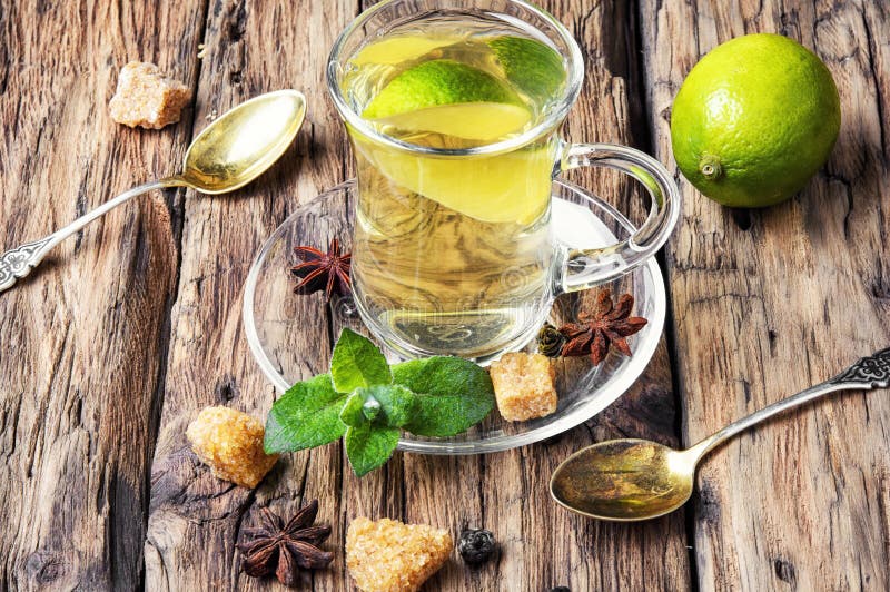 Tea.Green Tea with Lime, Mint and Sugar Cubes Stock Photo Image of