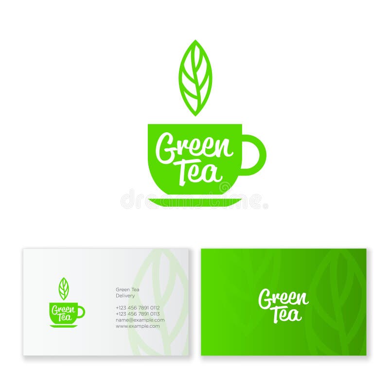Green Tea Logo and Business Card. Green Cup and Leaf of Tea. Identity