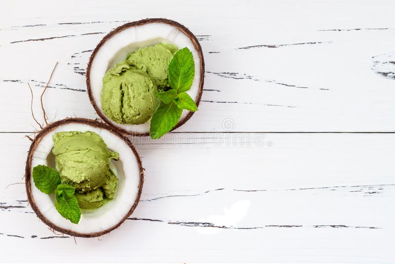 Green Tea Matcha Mint Ice Cream with Chocolate and Coconut Milk. Stock