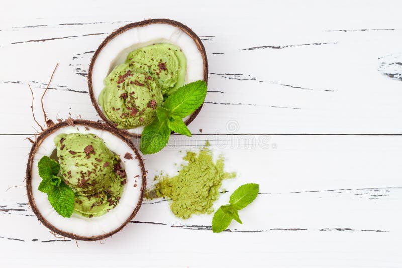 Green tea matcha mint ice cream with chocolate and coconut milk.