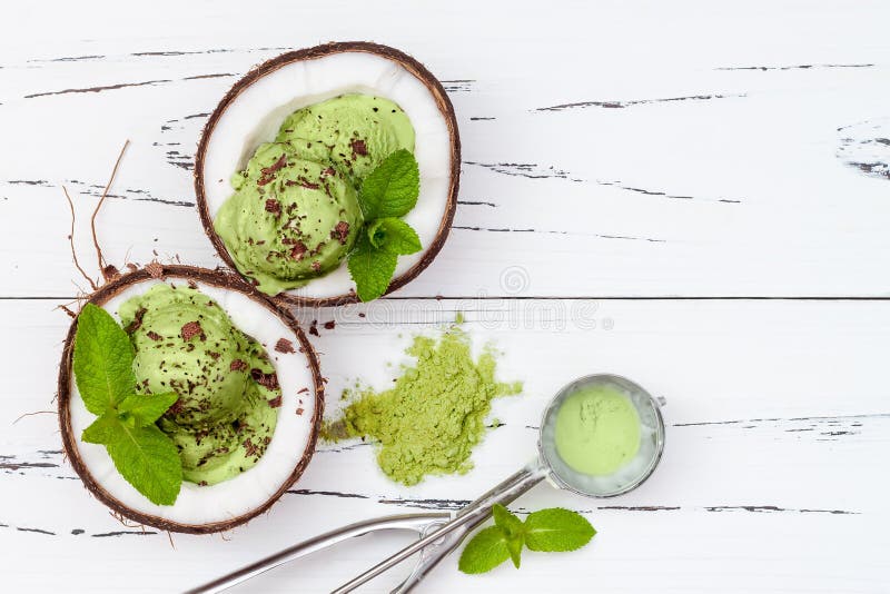 Green tea matcha mint ice cream with chocolate and coconut milk.