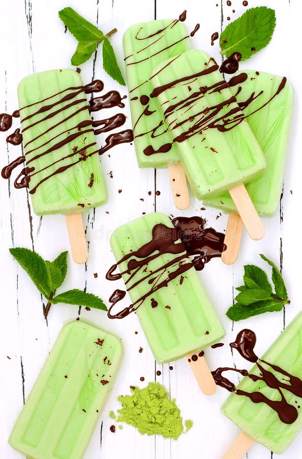 Green Tea Matcha Mint Popsicles with Chocolate and Coconut Milk. Stock