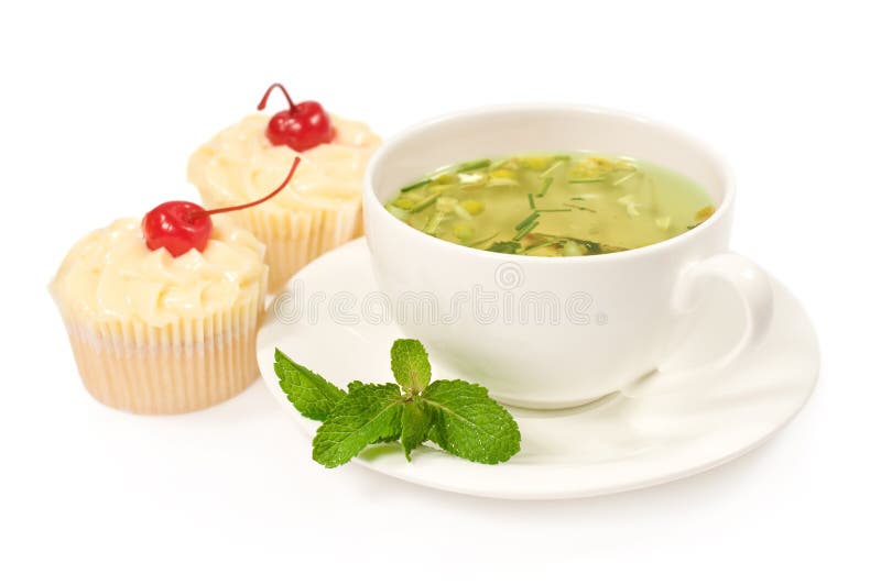 Green Tea with Mint and Cake Stock Image Image of white, leaf 28140275