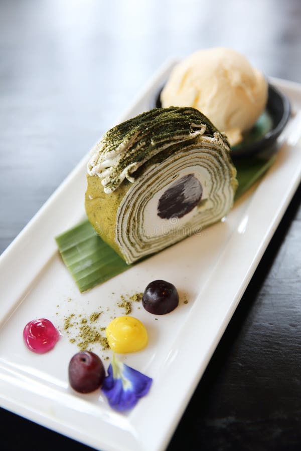 Green Tea Roll Cake with Ice Cream Stock Photo Image of delicious