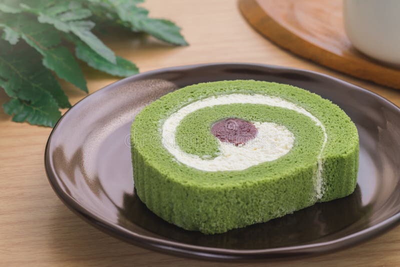 Green Tea Roll Cake with Red Bean on Plate Stock Photo Image of sweet