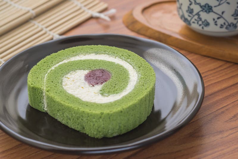 Green Tea Roll Cake with Red Bean on Plate Stock Photo Image of roll