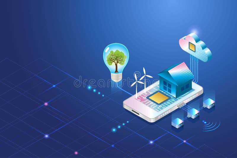 Green technology. Environmentally friendly solar roof home on smartphone with cloud computing and tree growing in lightbulb. royalty free illustration