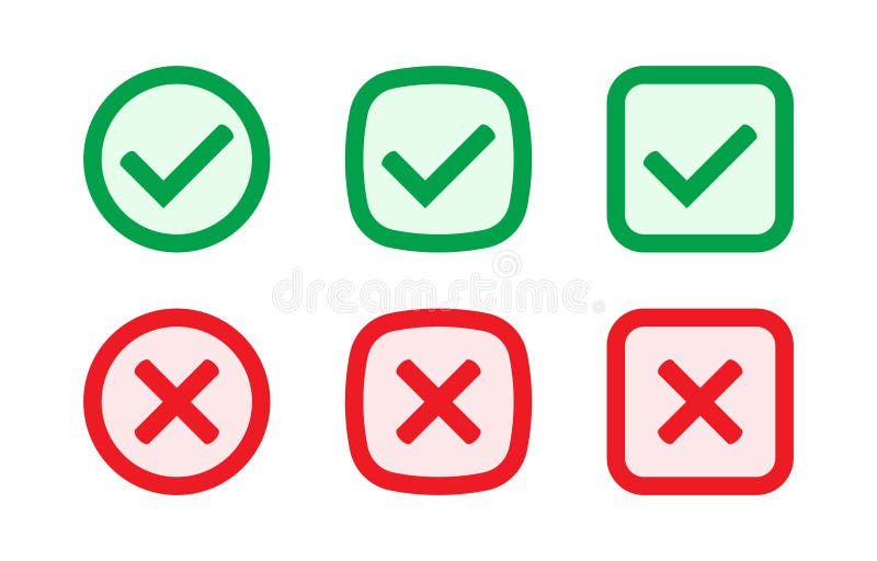 Green tick and red cross checkmarks. Yes or no symbol, approved or rejected icon. Right or wrong icons. Vector.