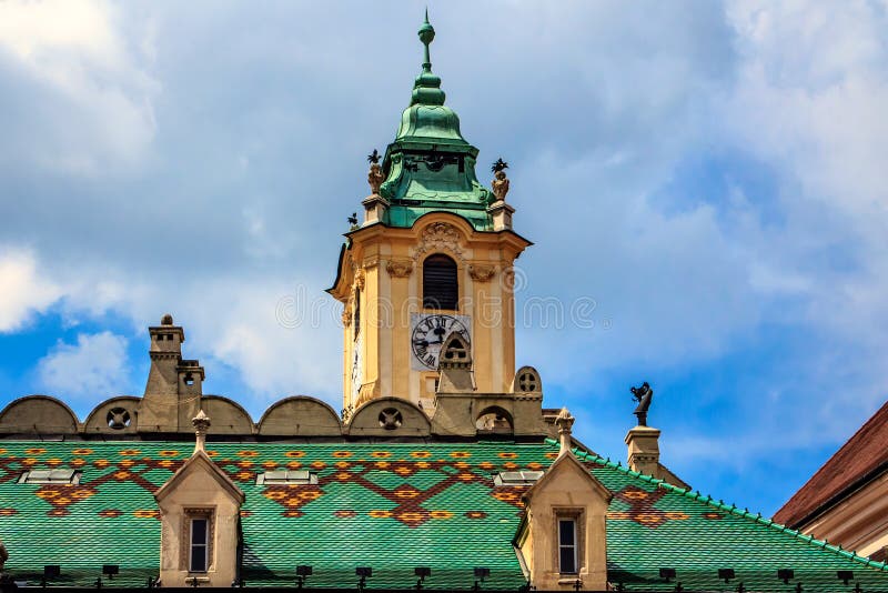 The famous green-tiled roofs in Bratislava, Slovakia