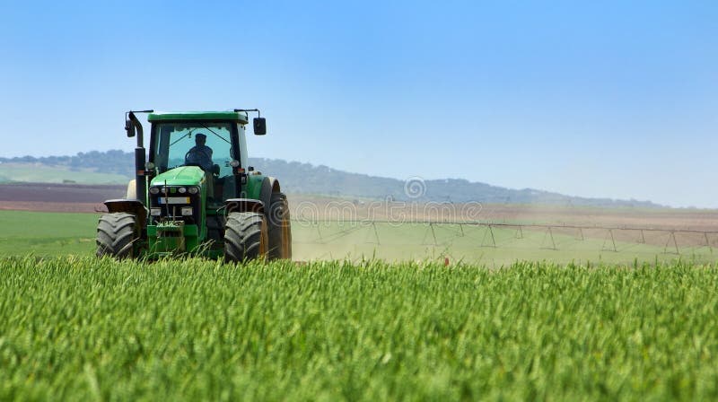 Green tractor in the field. stock photo