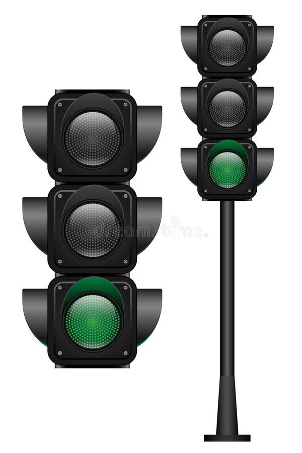 Green traffic Lights with a single color on. Realistic vector illustration isolated on white background. 3D EPS10 vector illustration