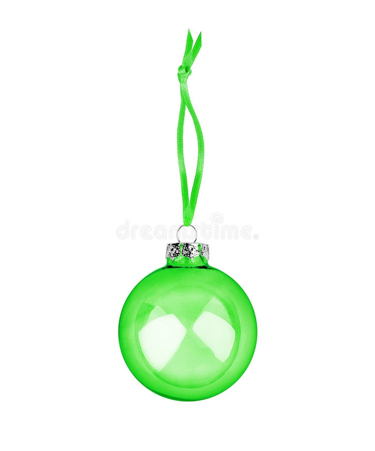 Green transparent glass ball hanging on ribbon white background isolated close up, Ð¡hristmas tree decoration, new year