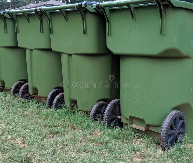 Green Trash Bins, Recycling Trash Cans on Grass Stock Image Image of