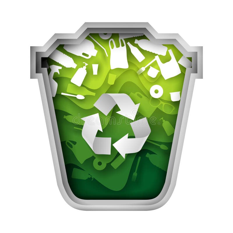 Green trash can with plastic garbage, vector paper cut illustration vector illustration Green trash can with plastic garbage, vector paper cut illustration vector illustration