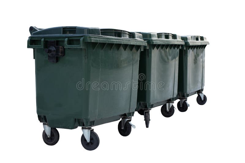 Green trash cans or garbage containers isolated on white background stock images