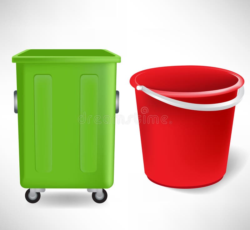 Green trash container and red bucket