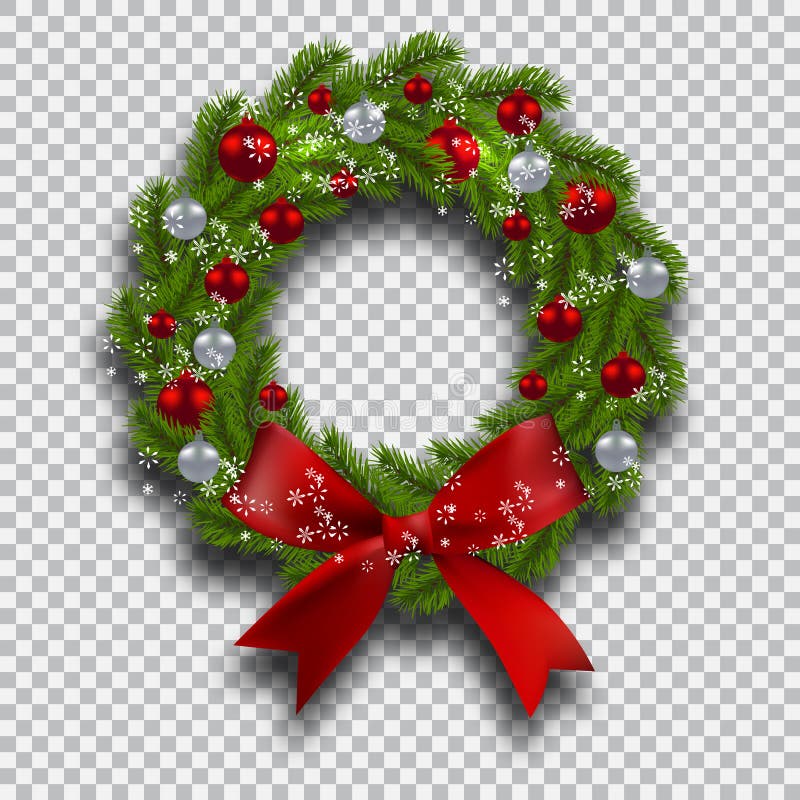 Green tree branch in the form of a Christmas wreath with shadow and snowflakes. Red and silver balls checker background. Vector illustration