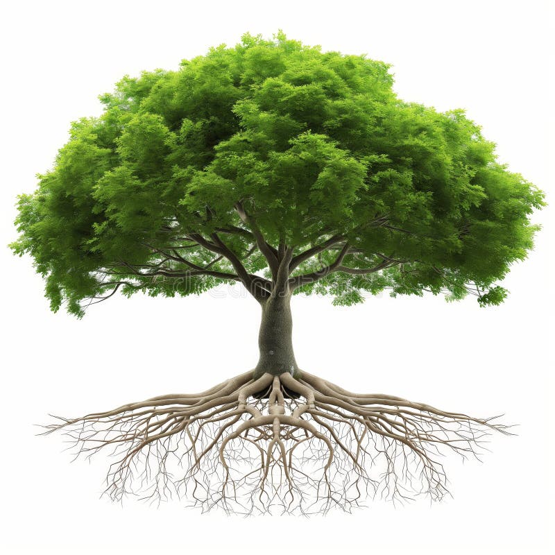 Green Tree with Exposed Roots. Lush tree with visible roots against white background symbolizing growth and connectivity. AI generated