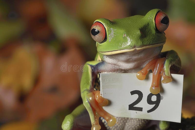 Green Tree Frog Holding a Number 29 Sign. Leap year concept