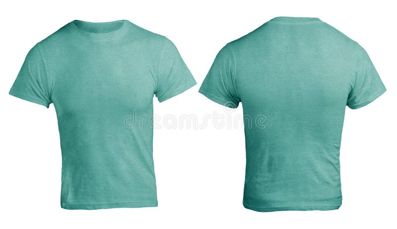 Green turqiose heather color t-shirt mock up, front and back view, isolated. Plain green shirt mockup. Shirt design template. Blank tees for print