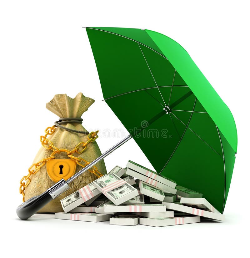 Green umbrella protecting money from rain vector illustration