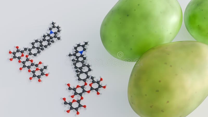 Green, unripe potatoes featuring the molecular structure of solanine stock illustration