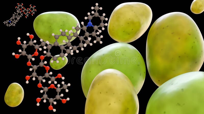 Green, unripe potatoes featuring the molecular structure of solanine stock illustration