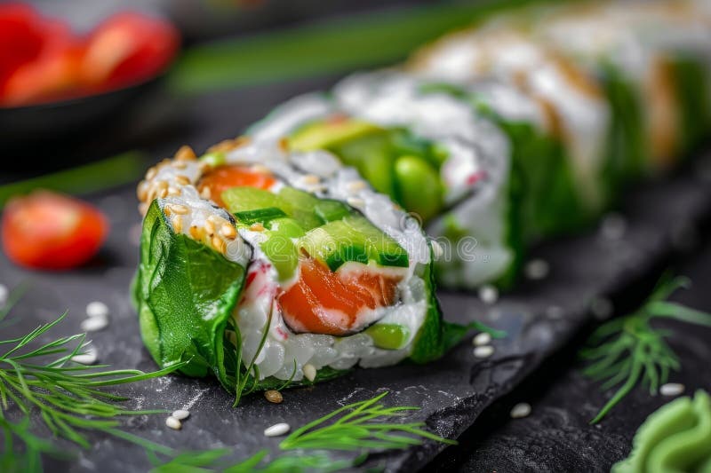 Uramaki verde sushi roll maki susi rulouri pe ardezie neagră cu brânză prăjită cu orez royalty free stock images