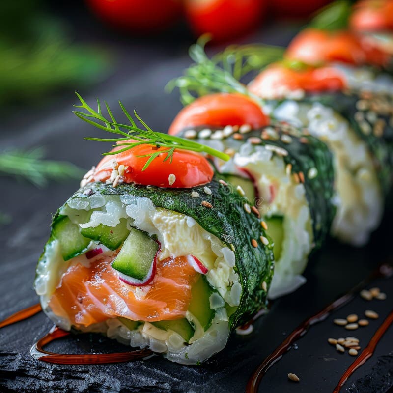 Uramaki verde sushi roll maki susi rulouri pe ardezie neagră cu brânză prăjită cu orez royalty free stock images