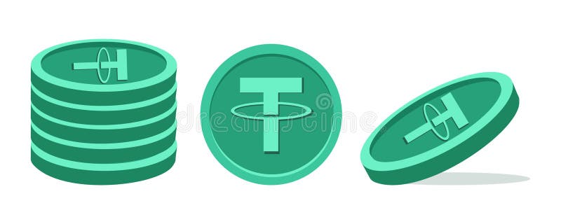 Green USDT Tether coins in various angles and perspectives. USDT cryptocurrency illustration in vector flat style. stock illustration