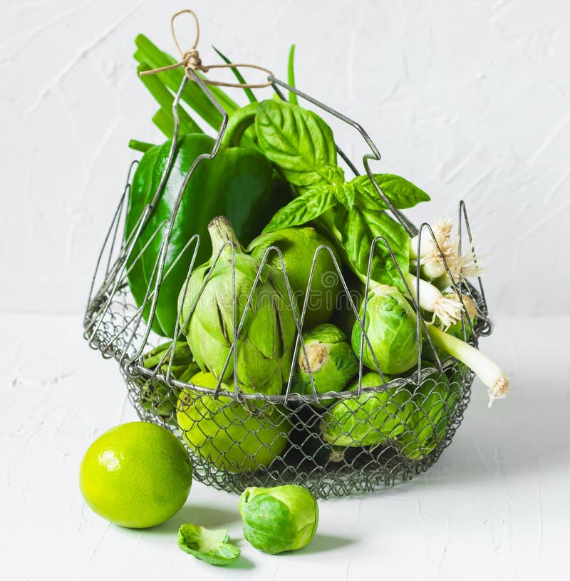 Green Vegetables Assortment in the Wire Basket Stock Photo Image of