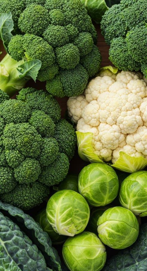 Green Vegetables Closeup: Broccoli, Cauliflower, Brussels Sprouts and Kale vector illustration