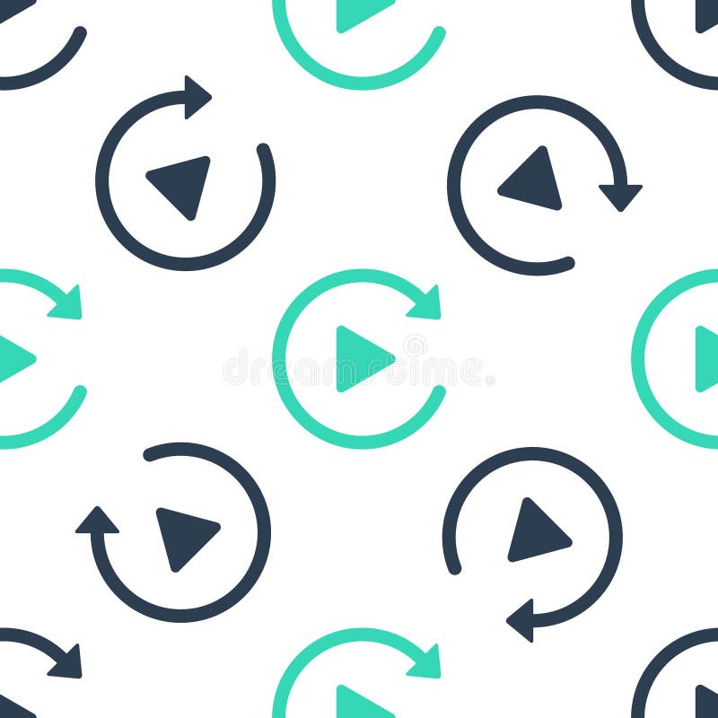 Green Video play button like simple replay icon isolated seamless pattern on white background. Vector stock illustration